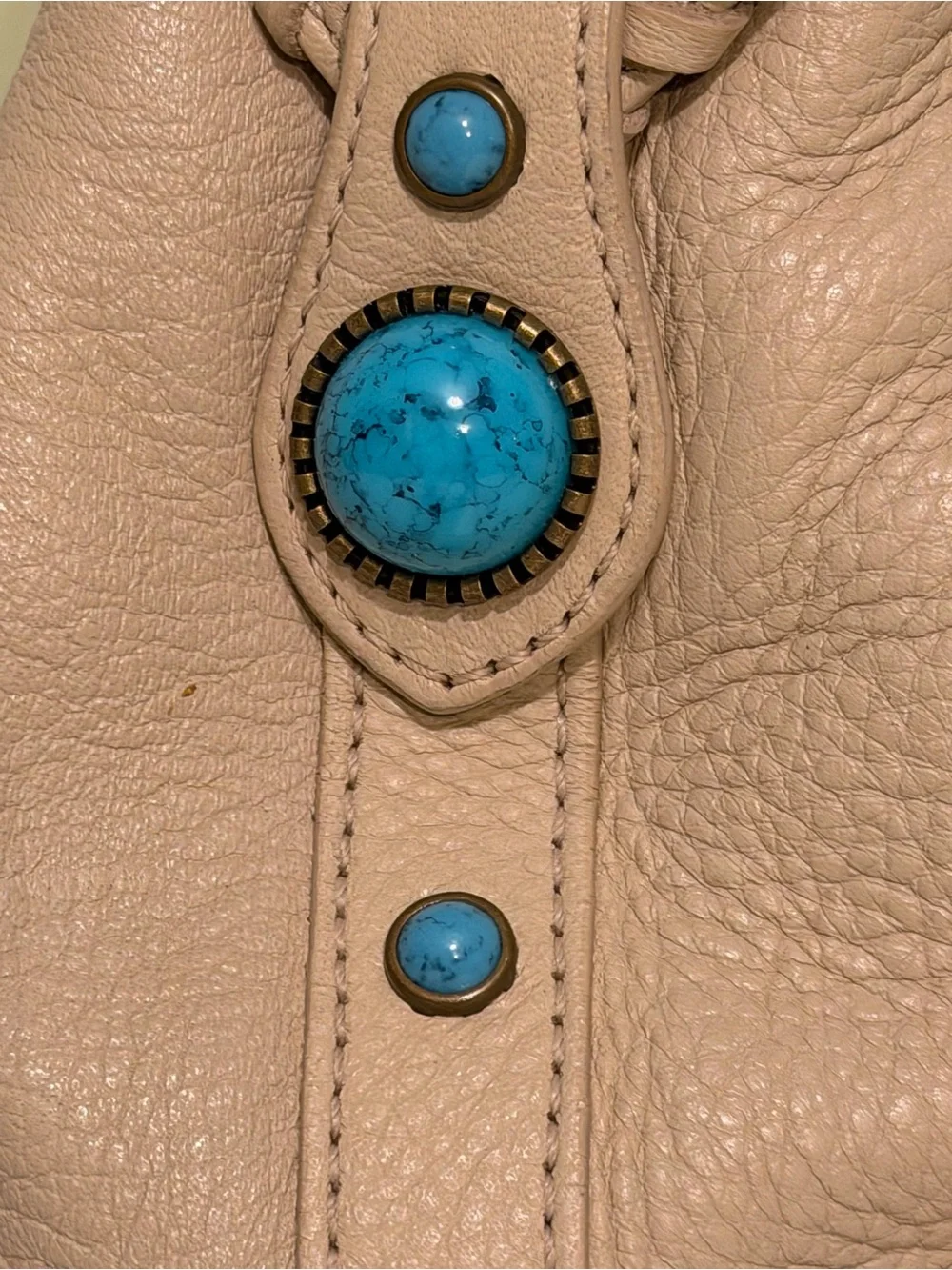 Franco Sarto Leather Hobo Shoulder Bag Beige Faux Turquoise Bead Accents REFURB